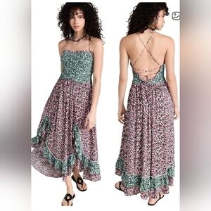 Free People Backless Floral Dress in Green and Pink